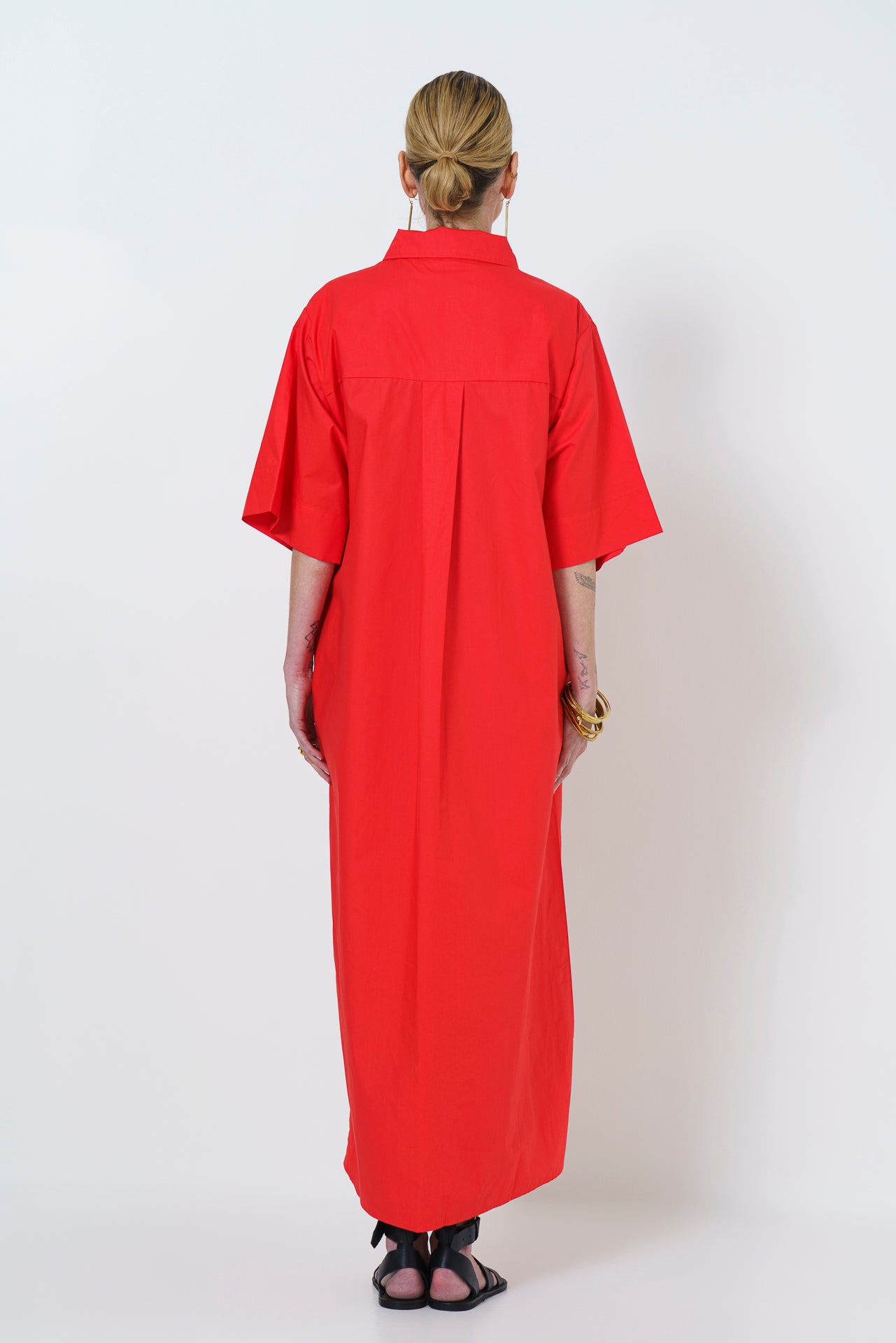 CARINE BUTTON UP DRESS- MELON RED