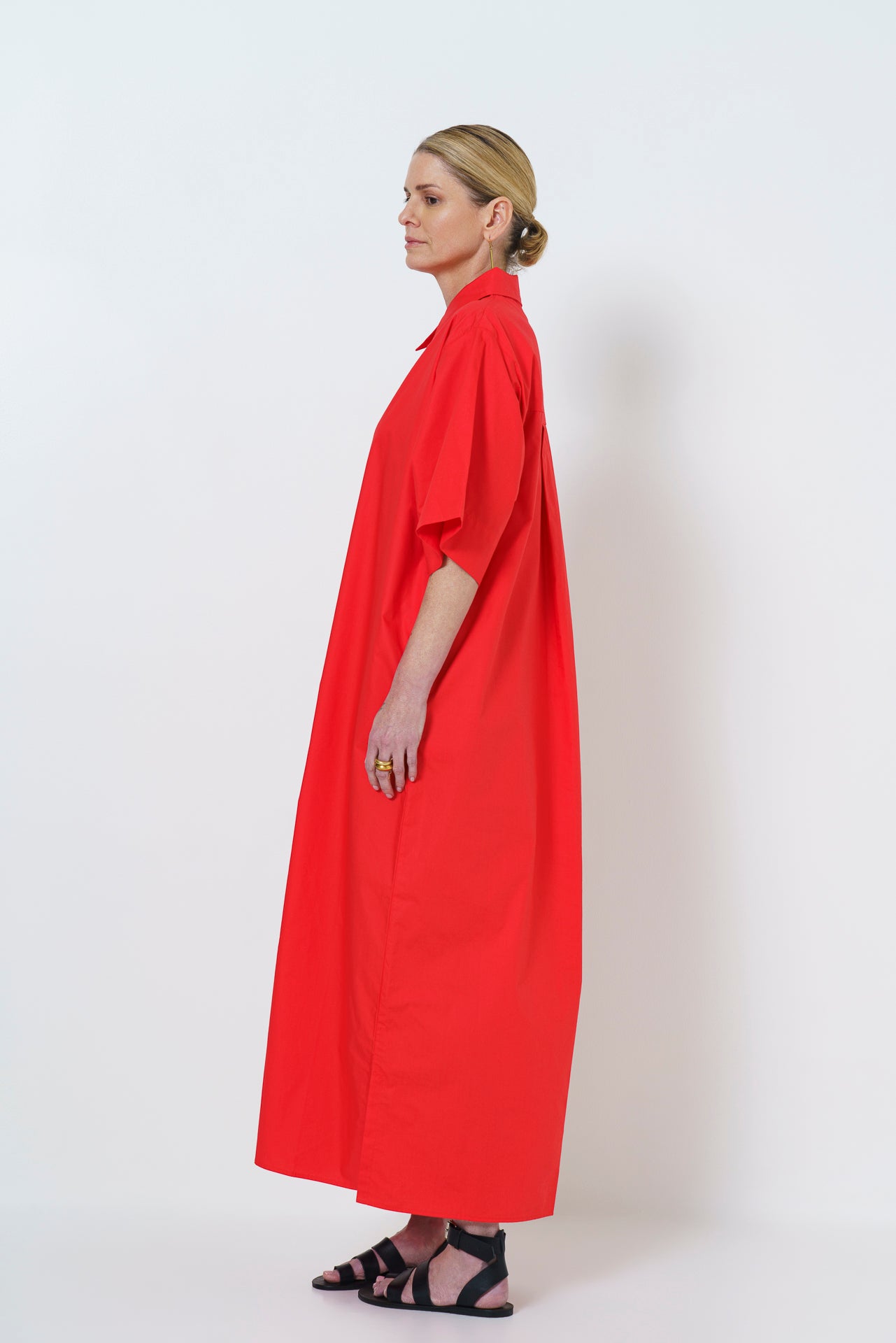 CARINE BUTTON UP DRESS- MELON RED