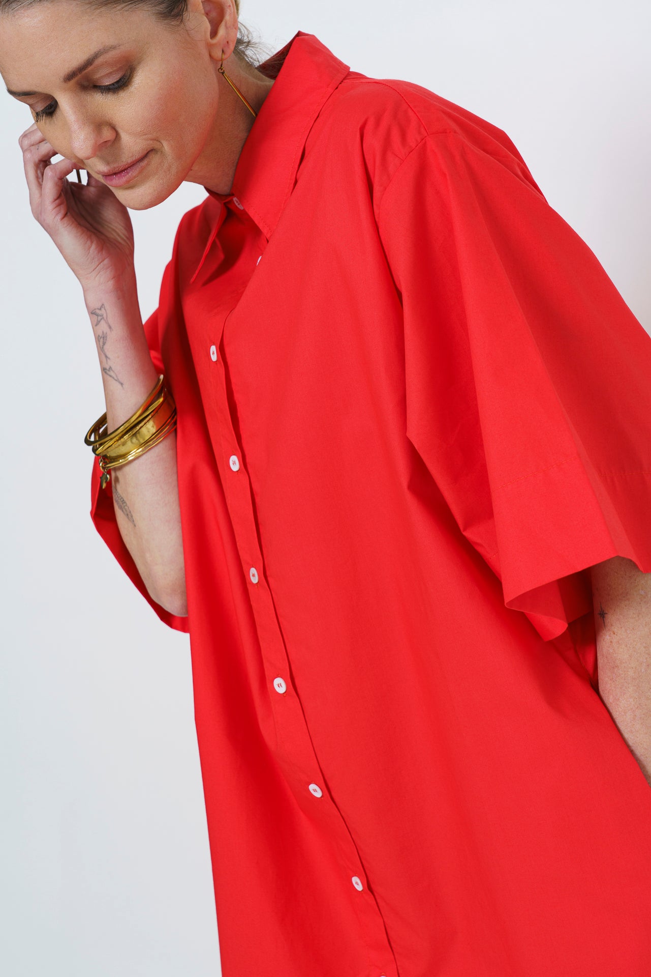 CARINE BUTTON UP DRESS- MELON RED
