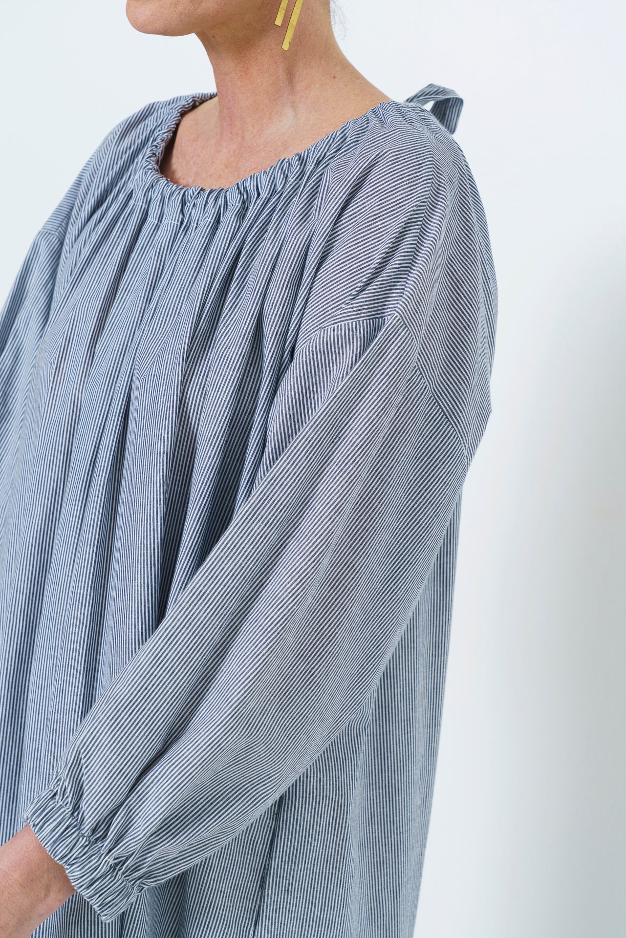 MARLEY GUAGED NECK DRESS LONG- NAVY STRIPE