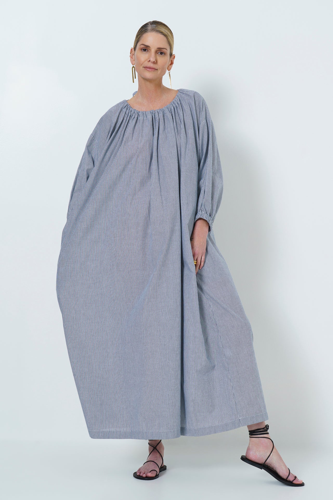 MARLEY GUAGED NECK DRESS LONG- NAVY STRIPE