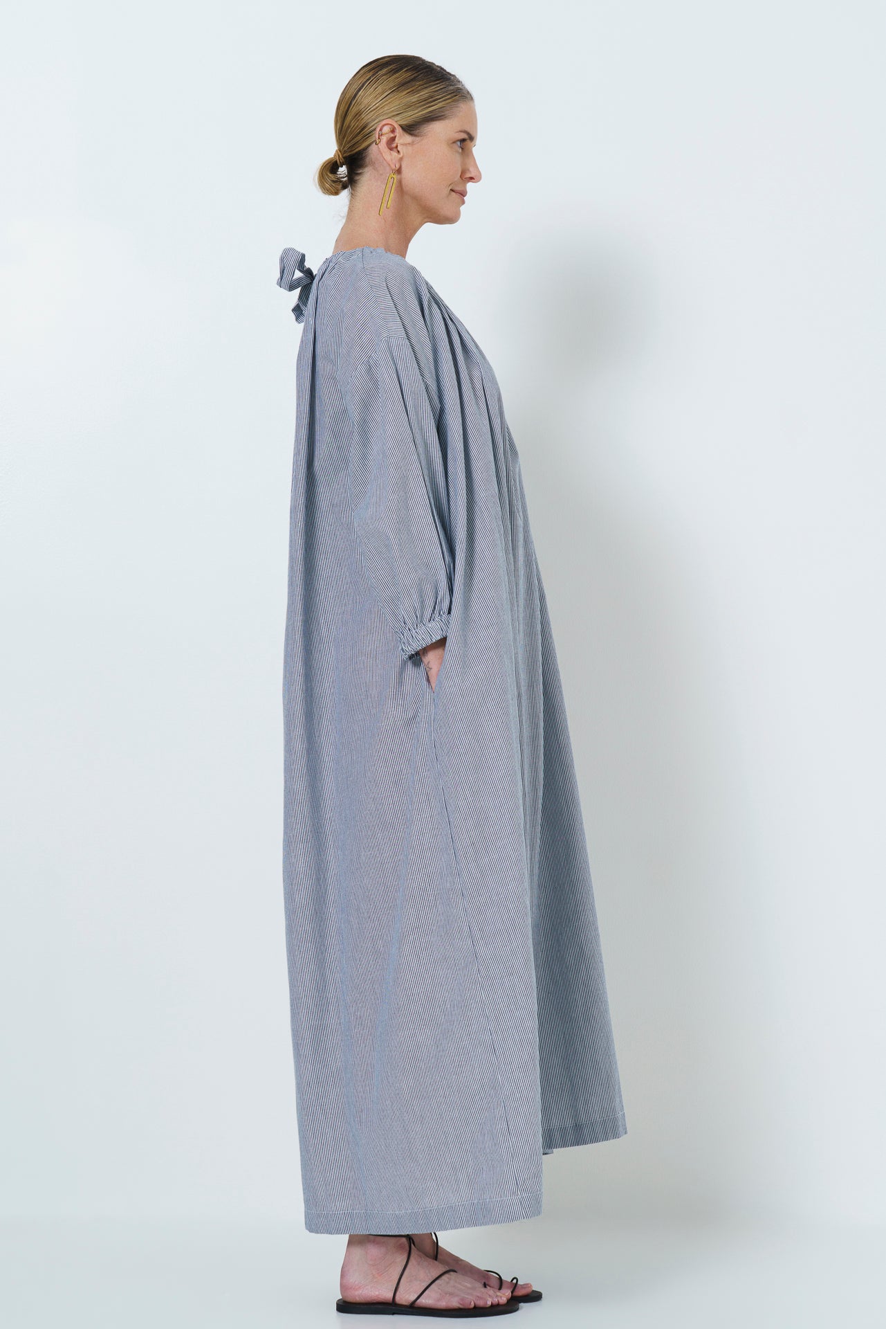 MARLEY GUAGED NECK DRESS LONG- NAVY STRIPE