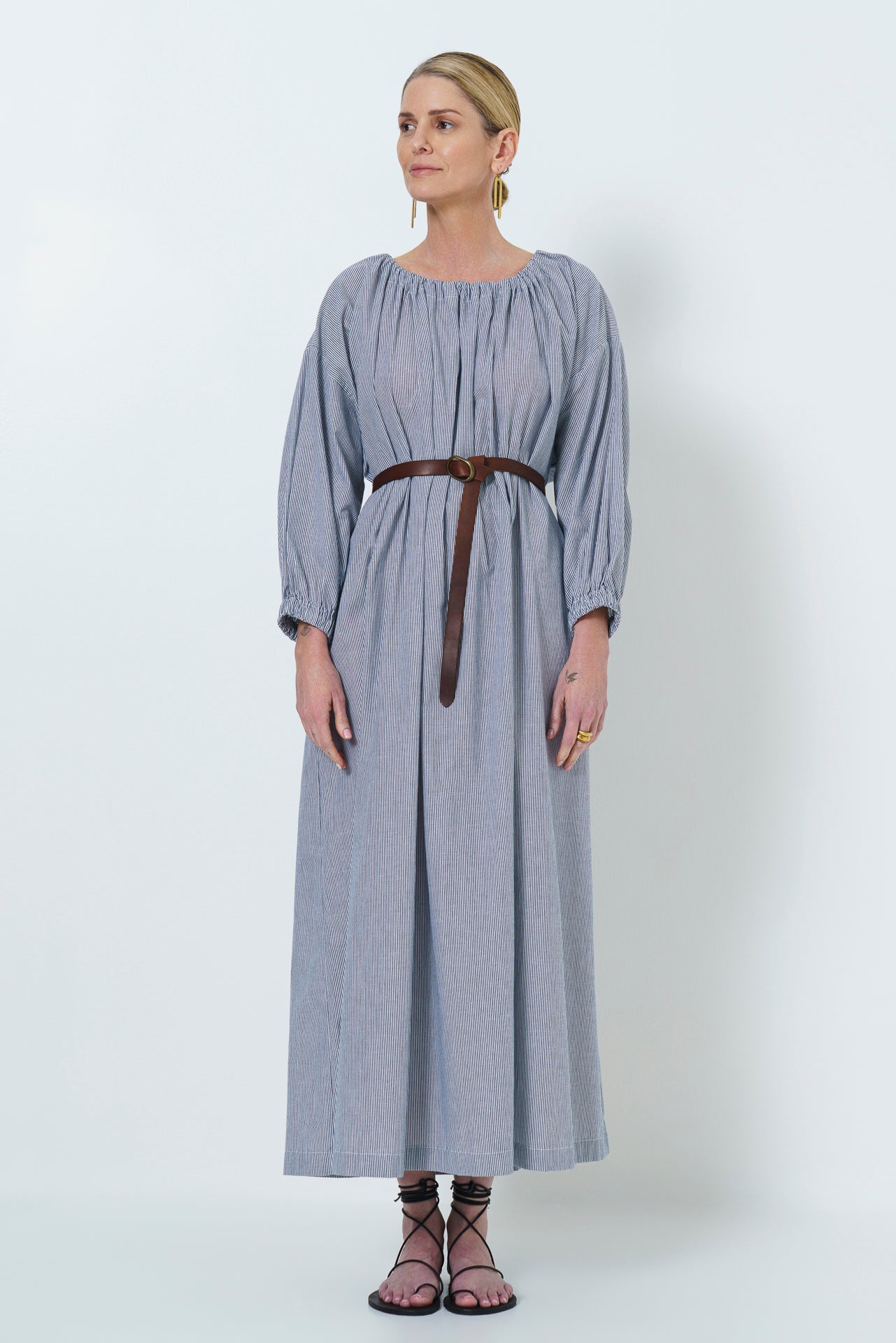 MARLEY GUAGED NECK DRESS LONG- NAVY STRIPE
