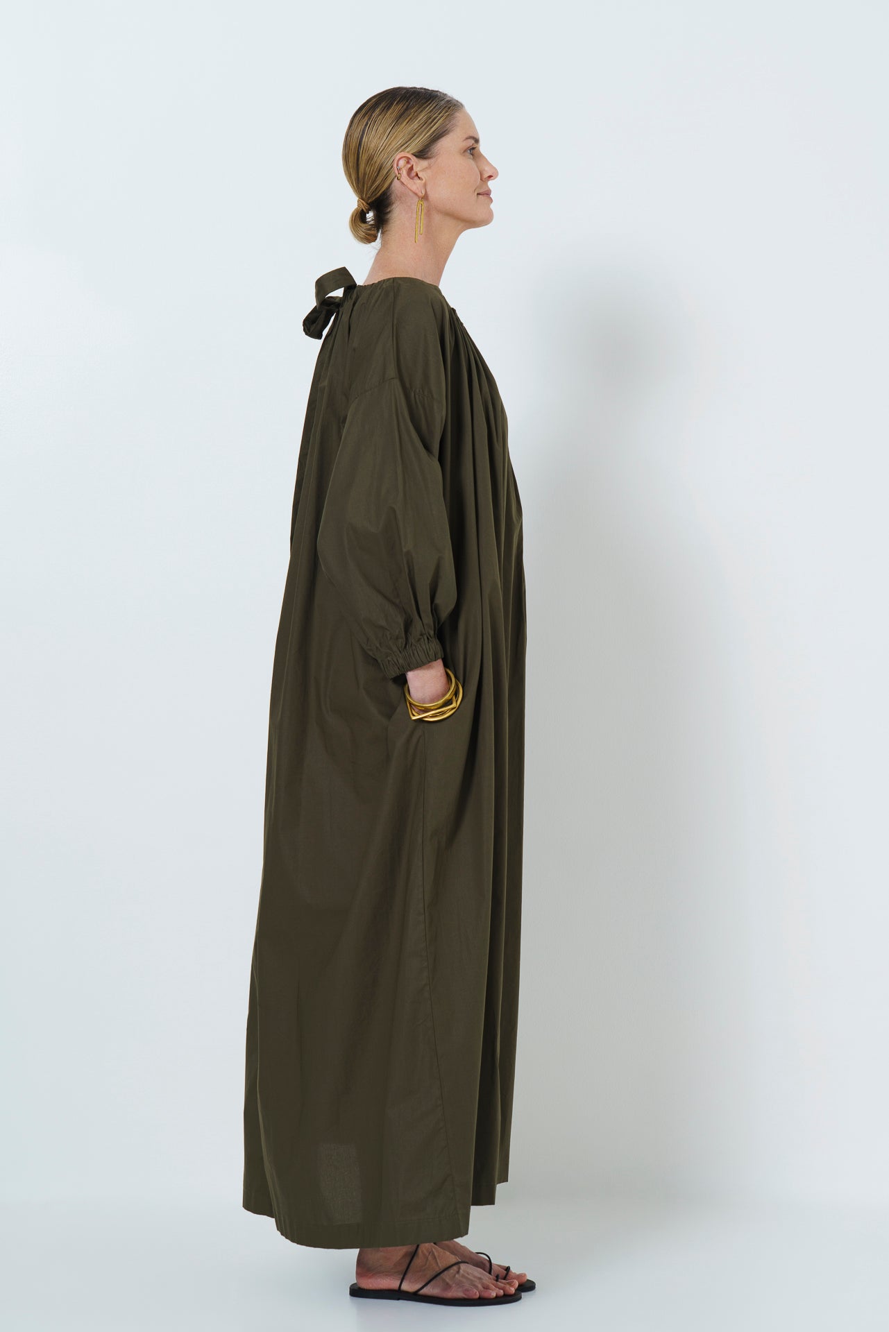 MARLEY GUAGED NECK DRESS LONG - OLIVE