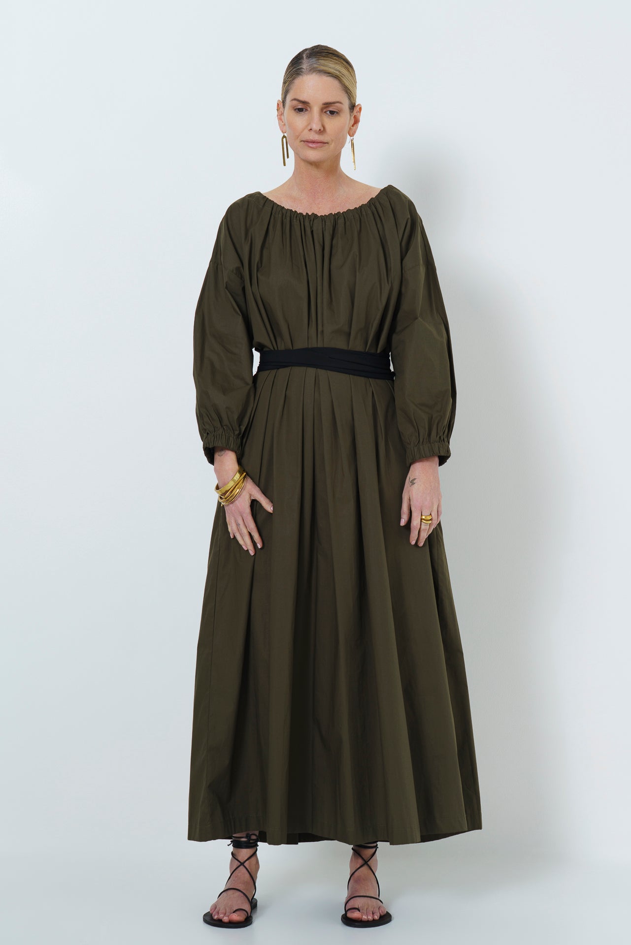 MARLEY GUAGED NECK DRESS LONG - OLIVE