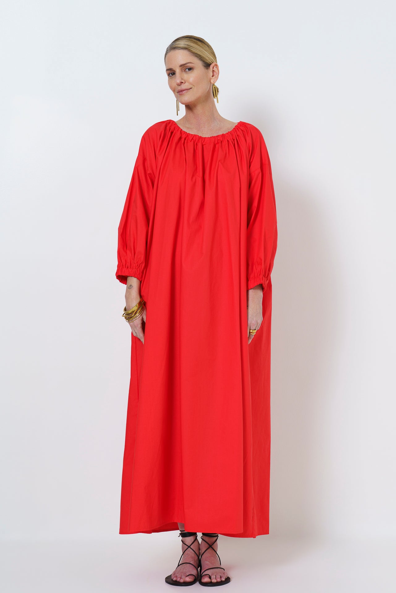 MARLEY GUAGED NECK DRESS LONG - MELON RED