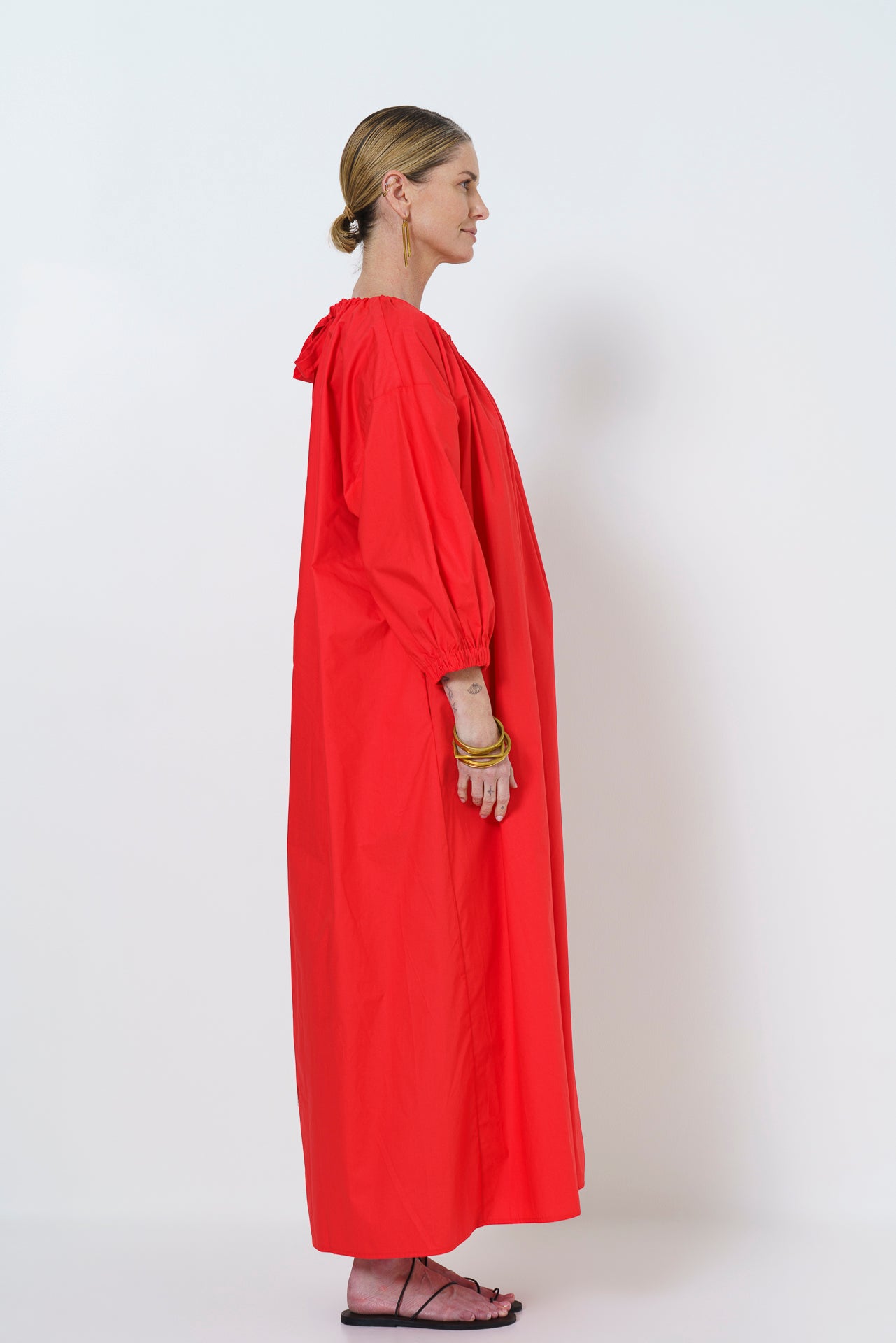 MARLEY GUAGED NECK DRESS LONG - MELON RED