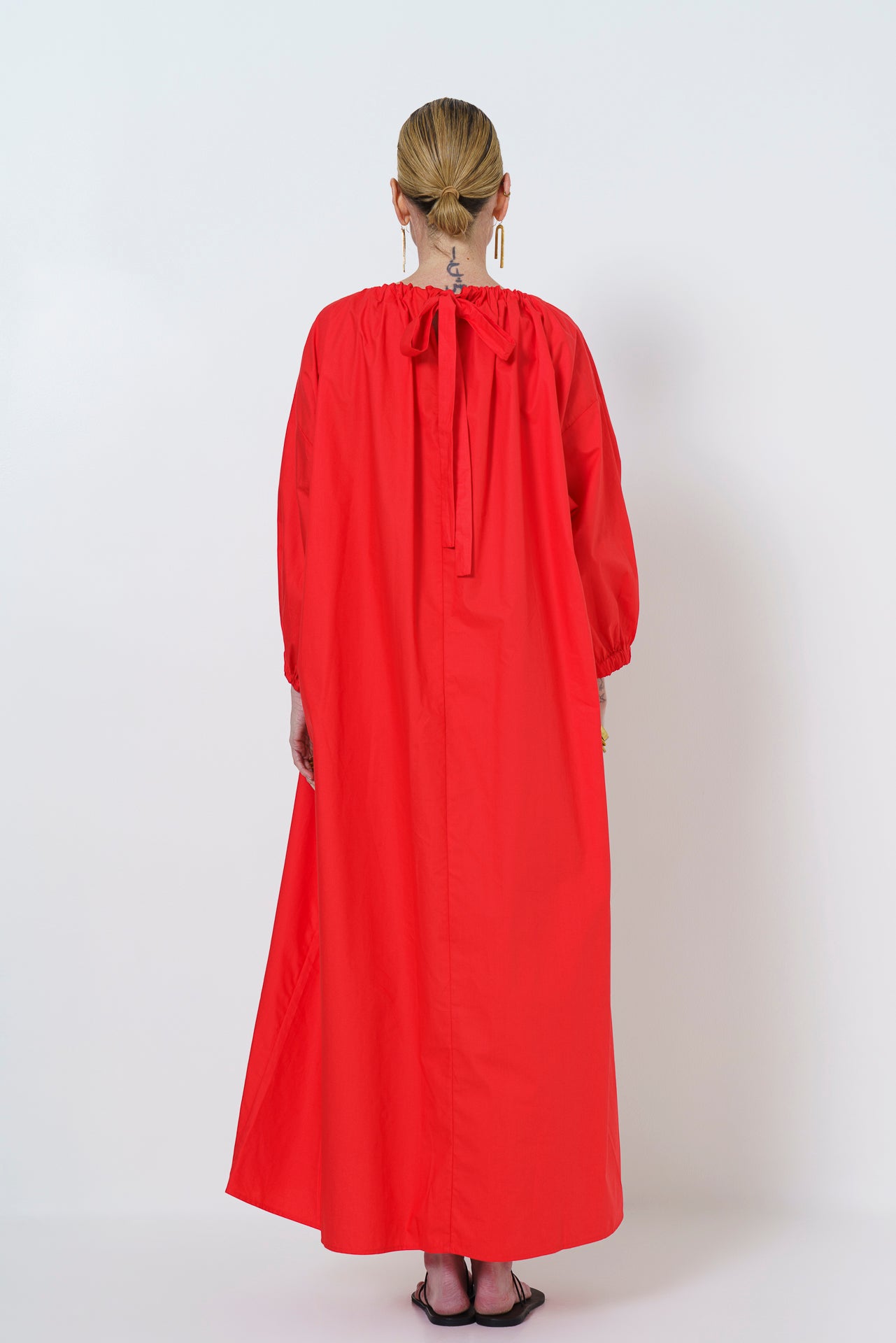 MARLEY GUAGED NECK DRESS LONG - MELON RED