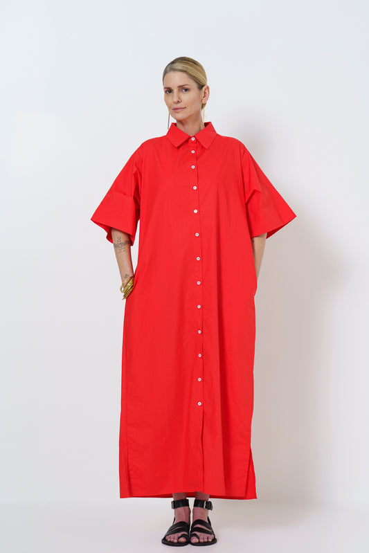 CARINE BUTTON UP DRESS- MELON RED