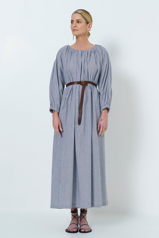 MARLEY GUAGED NECK DRESS LONG- NAVY STRIPE
