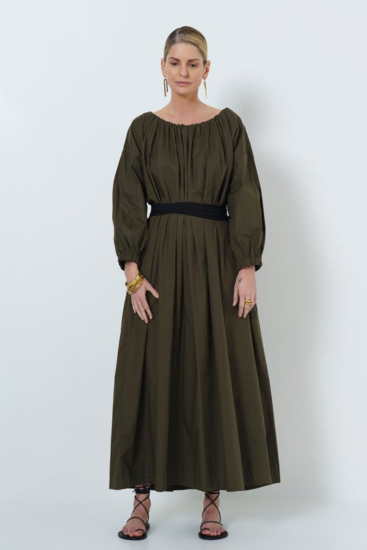 MARLEY GUAGED NECK DRESS LONG - OLIVE