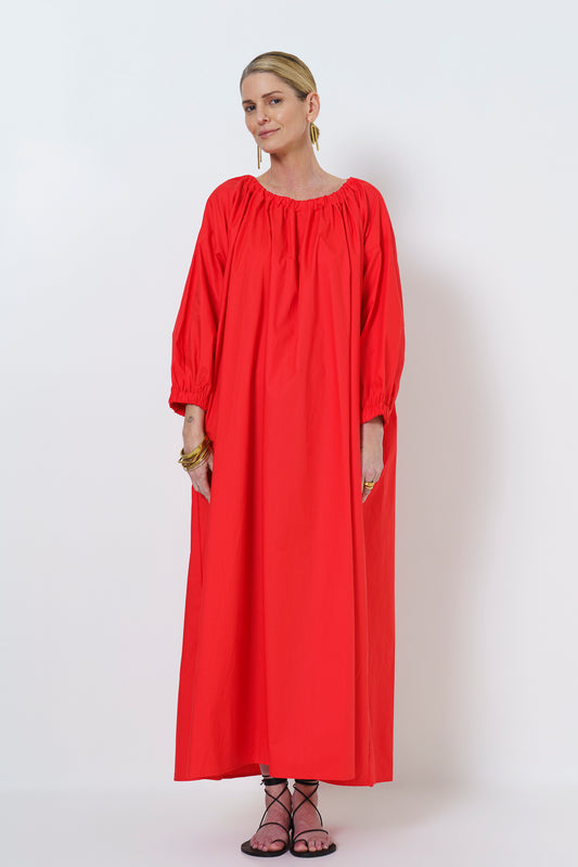 MARLEY GUAGED NECK DRESS LONG - MELON RED