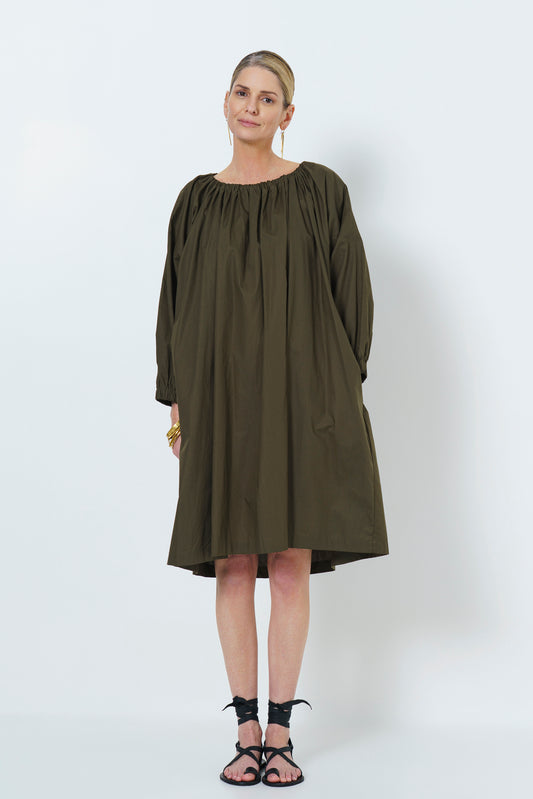 MARLEY GUAGED NECK DRESS SHORT- OLIVE